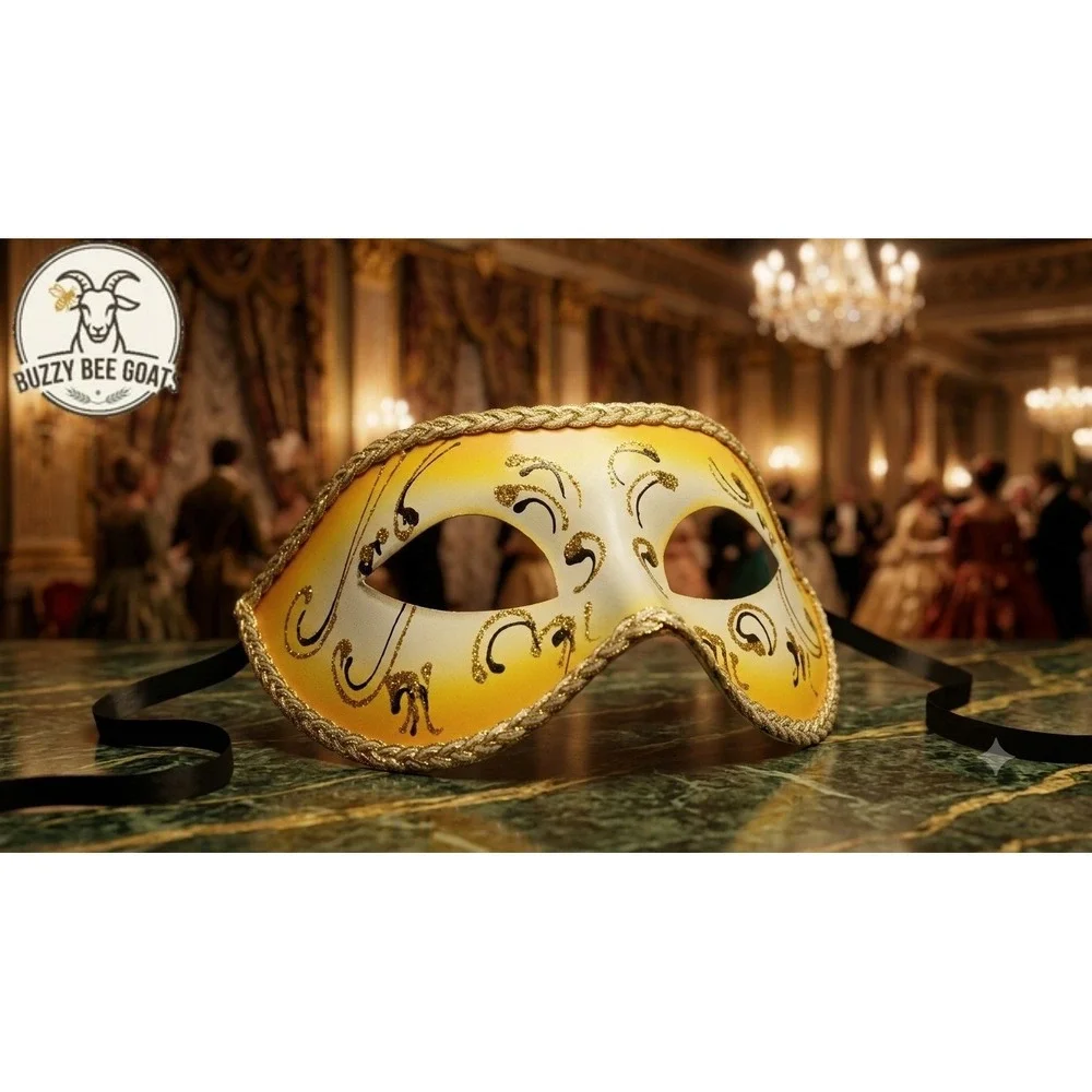 PlasticDecorative VenetianMasquerade Half Mask Yellow withGold Scrollwork Pat